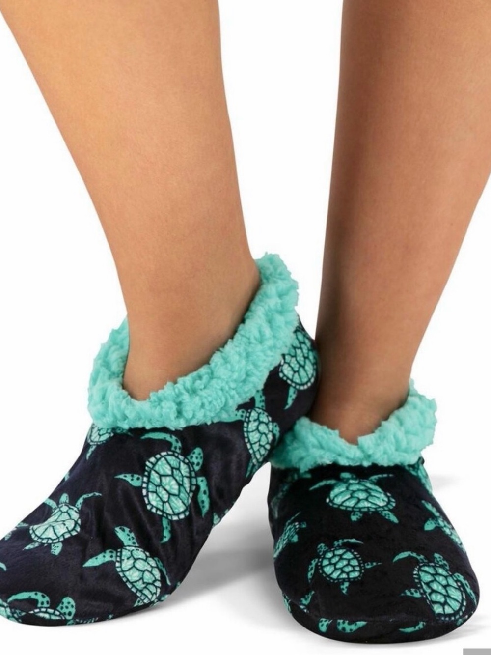 Lazy One Teal and Black Turtle Sherpa-Lined Slipper Socks NWT